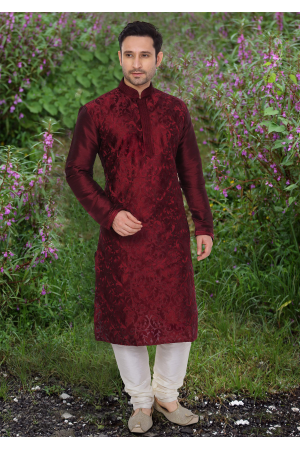 Red Color Dupion And Art Silk Fabric Kurta Set